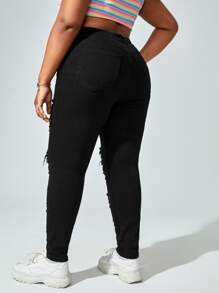 SHEIN EZwear Quần Denim kích thước lớn Nút Bị tách Dây kéo màu trơn - màu đen - Xem 2