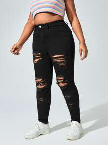 SHEIN EZwear Quần Denim kích thước lớn Nút Bị tách Dây kéo màu trơn - màu đen - Xem 3