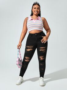 SHEIN EZwear Quần Denim kích thước lớn Nút Bị tách Dây kéo màu trơn - màu đen - Xem 5