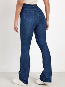 Flexra Washed Denim Blue High Waist Bleach Wash Flare Leg Jeans