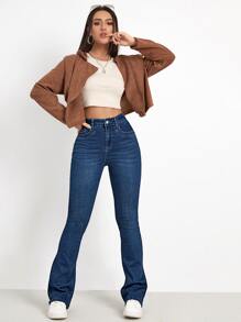 Flexra Washed Denim Blue High Waist Bleach Wash Flare Leg Jeans