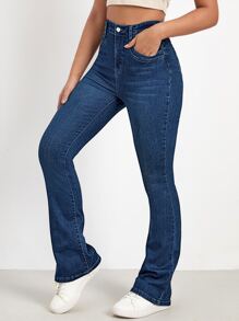 Flexra Washed Denim Blue High Waist Bleach Wash Flare Leg Jeans
