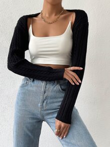 SHEIN Essnce 麻花編織短款女式緊身短套衫開襟衫 - 黑色 - 查看 1
