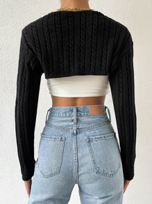 SHEIN Essnce 麻花編織短款女式緊身短套衫開襟衫 - 黑色 - 查看 2