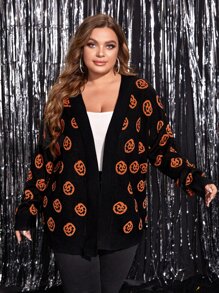 大碼萬聖節南瓜圖案落肩袖開襟開衫 - 黑色 - 查看 1