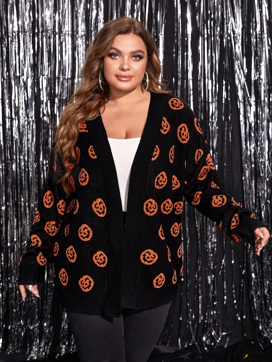 大碼萬聖節南瓜圖案落肩袖開襟開衫 - 黑色 - 查看 1