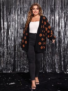 大碼萬聖節南瓜圖案落肩袖開襟開衫 - 黑色 - 查看 3