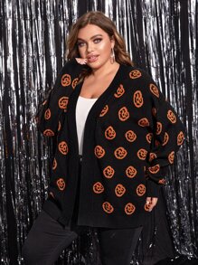 大碼萬聖節南瓜圖案落肩袖開襟開衫 - 黑色 - 查看 4