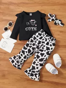 Baby Slogan Graphic Ruffle Trim Tee & Cow Pattern Flare Leg Trousers & Headband - Black and White - View 1