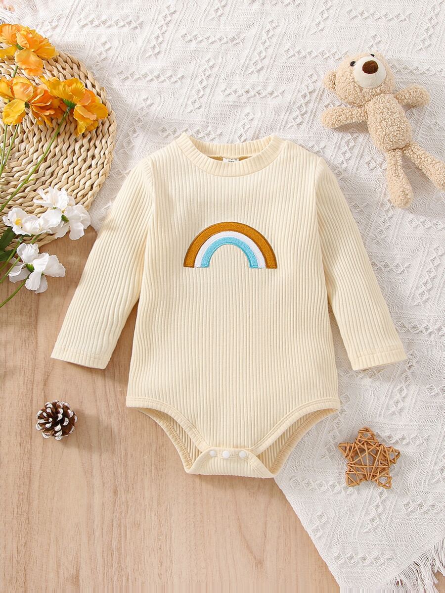 嬰兒彩虹刺繡T恤連體衣 - 杏色 - 查看 1