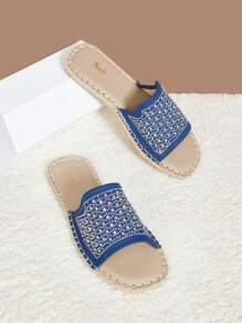 Rhinestone Decor Espadrille Slide Sandals - Royal Blue - View 1