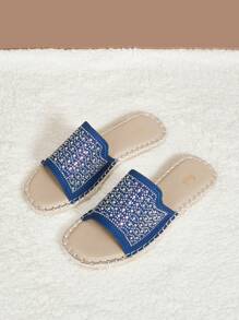Rhinestone Decor Espadrille Slide Sandals - Royal Blue - View 4