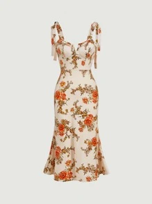 SHEIN MOD Đầm viền lá sen Thắt nút Hoa Thanh lịch - Màu be - Xem 2