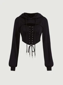SHEIN MOD Grommet Eyelet Cutout Front High Low Hoodie - Black - View 2
