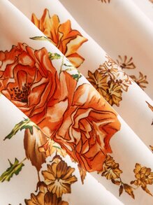 SHEIN MOD Đầm viền lá sen Thắt nút Hoa Thanh lịch - Màu be - Xem 3