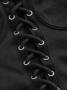 SHEIN MOD Grommet Eyelet Cutout Front High Low Hoodie - Black - View 3