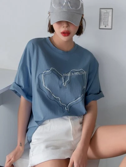 DAZY 标语和心形印花落肩 T 恤 HAVE A HOLIDAY 夏季超大 T 恤