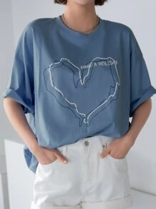 DAZY 标语和心形印花落肩 T 恤 HAVE A HOLIDAY 夏季超大 T 恤