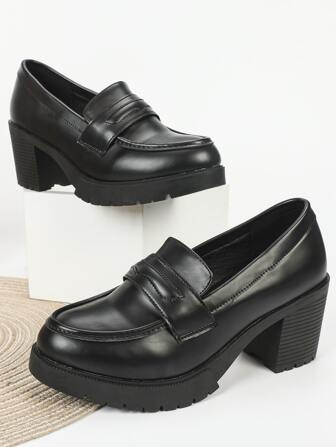 Fall/Winter Minimalist Slip-On Chunky Heeled Loafer Pumps, Elegant