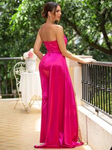 LOVE&LEMONADE Split Thigh Draped Tube Formal Gown - Hot Pink - View 2