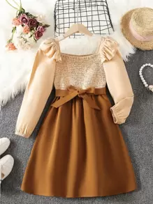 Girls Colorblock Shirred Ruffle Trim Dress - Multicolor - View 1