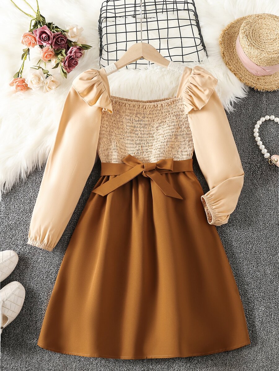 Girls Colorblock Shirred Ruffle Trim Dress - Multicolor - View 1