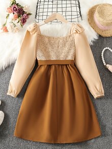 Girls Colorblock Shirred Ruffle Trim Dress - Multicolor - View 2