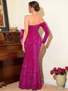 LOVE&LEMONADE Áo choàng trang trọng Một bờ vai Nếp may phóng đại Cắt tỉa Tách đùi Kim sa Buổi tiệc - Màu đỏ tím - Xem 2