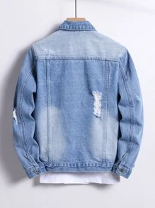 Manfinity Men Cotton Ripped Flap Pocket Denim Jacket Without Tee - Light Wash - View 2