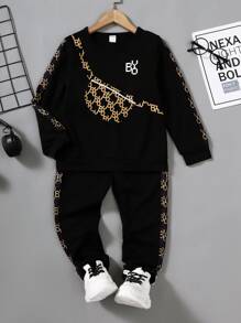 SHEIN Young Boy Bag And Letter Graphic Pullover & Sweatpants Chic Outfits For Autumn/Winter - Black - View 3