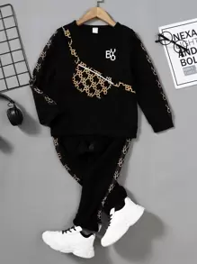 SHEIN Young Boy Bag And Letter Graphic Pullover & Sweatpants Chic Outfits For Autumn/Winter - Black - View 4