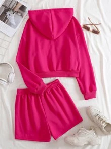 INAWLY Letter Graphic Zip Up Drawstring Thermal Hoodie & Track Shorts Fall Cloth For Women - Hot Pink - View 2