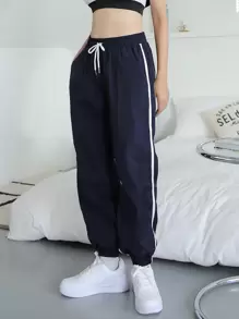 DAZY 對比色帶束腰運動長褲 - 藏蓝色 - 查看 3
