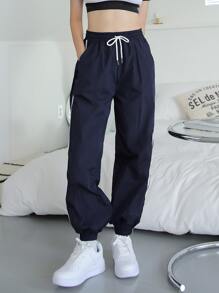 DAZY 對比色帶束腰運動長褲 - 藏蓝色 - 查看 7