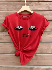 SHEIN LUNE Camiseta gráfica de verano para mujeres con ojos y leopardo con eslogan - Rojo - Ver 1