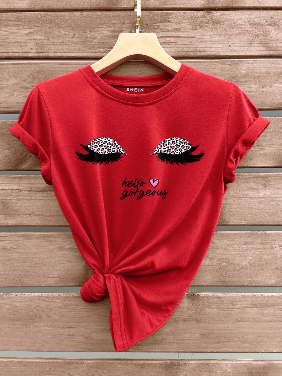 SHEIN LUNE Camiseta gráfica de verano para mujeres con ojos y leopardo con eslogan - Rojo - Ver 1