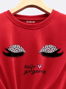 SHEIN LUNE Camiseta gráfica de verano para mujeres con ojos y leopardo con eslogan - Rojo - Ver 4