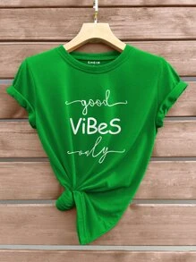 INAWLY Áo thun họa tiết Slogan Good Vibes Only Áo thun họa tiết dành cho nữ - màu xanh lá - Xem 1