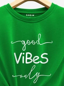 INAWLY Áo thun họa tiết Slogan Good Vibes Only Áo thun họa tiết dành cho nữ - màu xanh lá - Xem 4