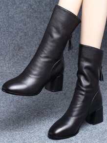 Giày bốt cao đến giữa bắp chân mũi tròn đơn giản, giản dị, khóa kéo phía sau dành cho nữ 2024 mới - màu đen - Xem 2