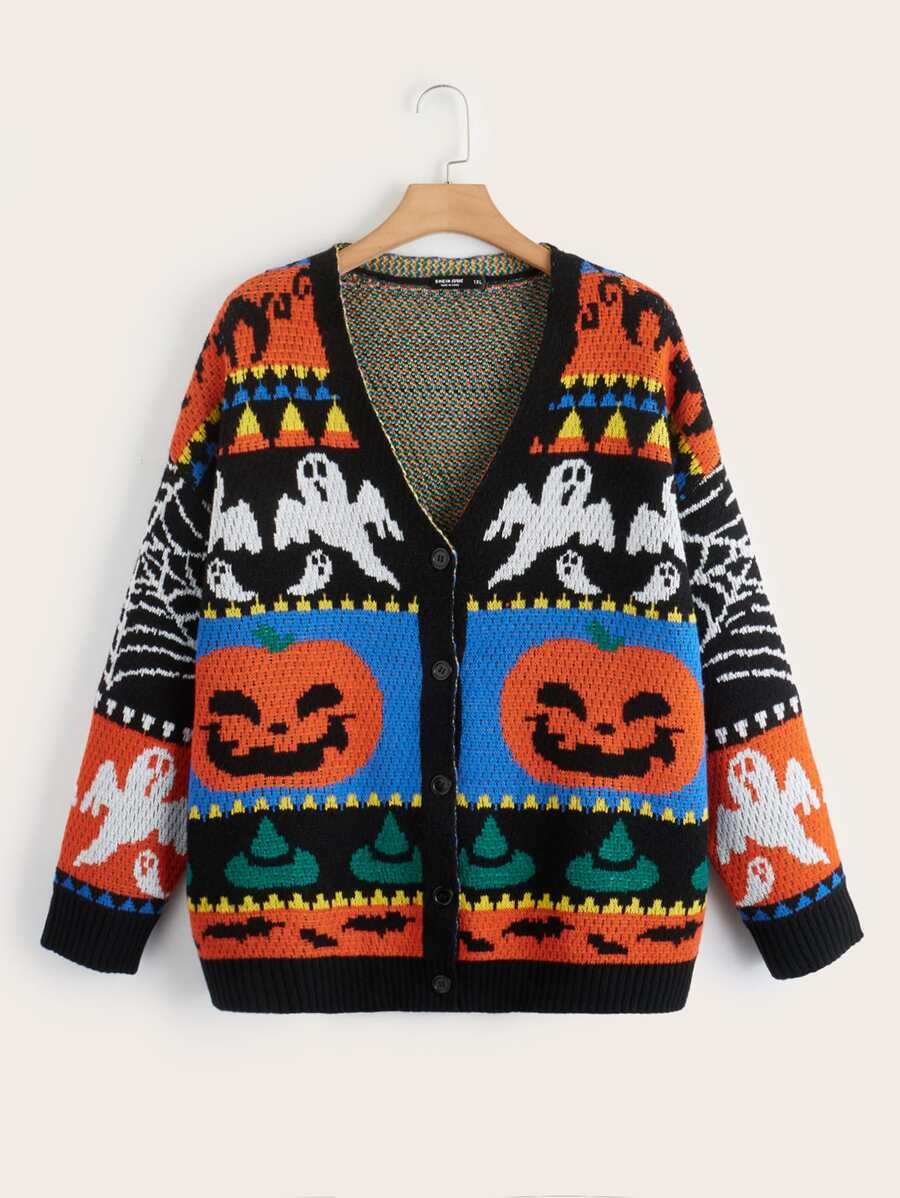 SHEIN EZwear Plus Halloween Pumpkin & Ghost Pattern Drop Shoulder Cardigan