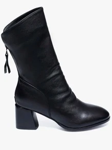 Giày bốt cao đến giữa bắp chân mũi tròn đơn giản, giản dị, khóa kéo phía sau dành cho nữ 2024 mới - màu đen - Xem 5