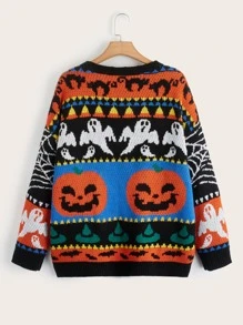 SHEIN EZwear Plus Halloween Pumpkin & Ghost Pattern Drop Shoulder Cardigan