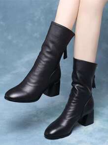 Giày bốt cao đến giữa bắp chân mũi tròn đơn giản, giản dị, khóa kéo phía sau dành cho nữ 2024 mới - màu đen - Xem 6