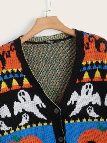 SHEIN EZwear Plus Halloween Pumpkin & Ghost Pattern Drop Shoulder Cardigan