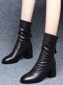 Giày bốt cao đến giữa bắp chân mũi tròn đơn giản, giản dị, khóa kéo phía sau dành cho nữ 2024 mới - màu đen - Xem 7