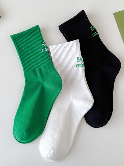 3 Pairs Women's Cotton Socks, Letter Embroidered Mid-Calf Socks, White Socks For Spring Summer Autumn, Versatile Soft Breathable Non-Binding Student Socks (Randomly Shipped)