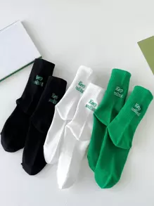 3 Pairs Women's Cotton Socks, Letter Embroidered Mid-Calf Socks, White Socks For Spring Summer Autumn, Versatile Soft Breathable Non-Binding Student Socks (Randomly Shipped) - Multicolor - View 3