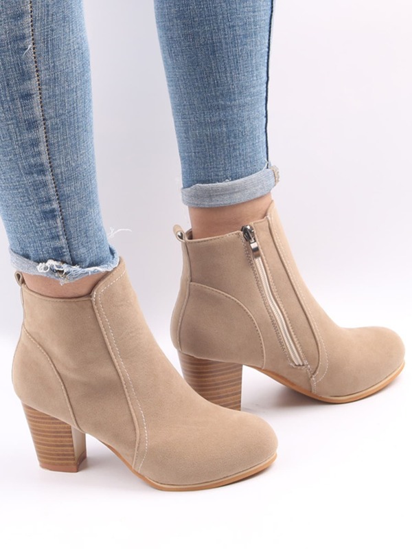 Women Faux Suede Zip Side Boots, Round Toe Chunky Heeled Classic Boots,Ideal With Jeans Go WithJeans