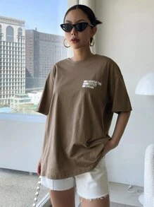 DAZY Camiseta oversize con estampe de letras, frase "CHERISH TIME EFFECT DREAM" - Café integral - Ver 3